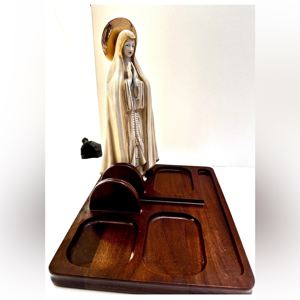 VTG ANTIQUE VIRGIN MARY FIGURINE SOLID WALNUT MCM DRESSER VALET TRINKET TRAY USA